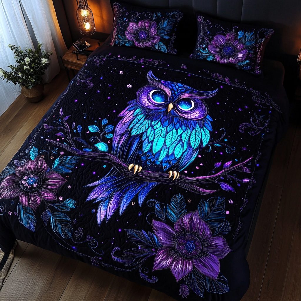 Wise Owl quilted 3-piece bedding set on a made bed with two matching pillow shams