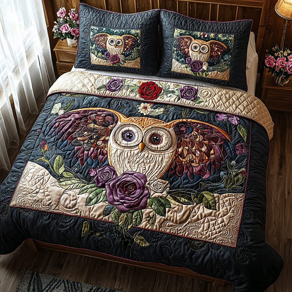Wise Owl quilted 3-piece bedding set on a made bed with two matching pillow shams
