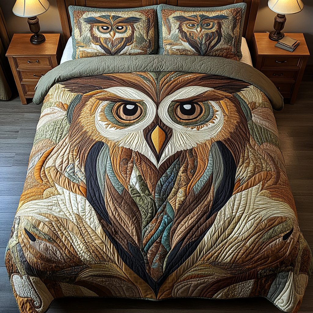 Wise Owl quilted 3-piece bedding set on a made bed with two matching pillow shams