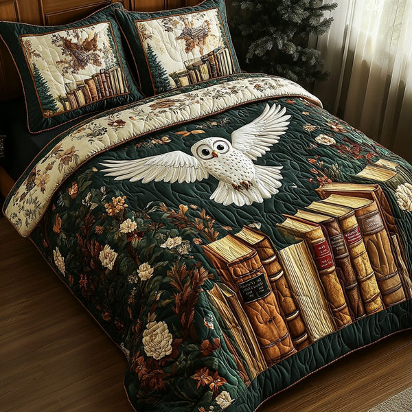 Wise Page quilted 3-piece bedding set on a made bed with two matching pillow shams