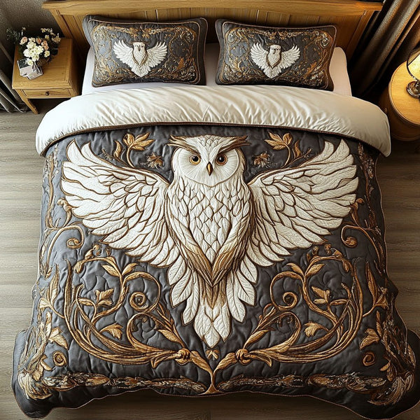 Wise Sentinel quilted 3-piece bedding set on a made bed with two matching pillow shams