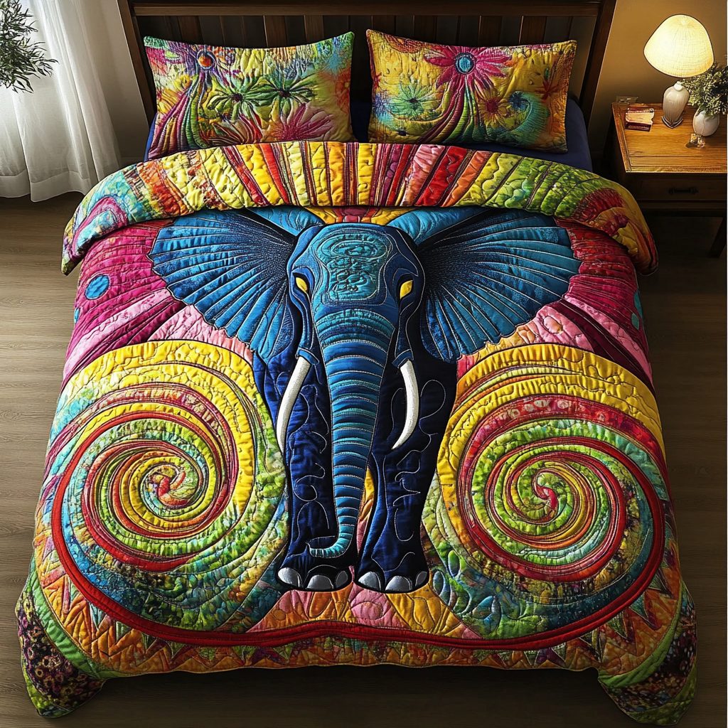 Wise Wanderer quilted 3-piece bedding set on a made bed with two matching pillow shams