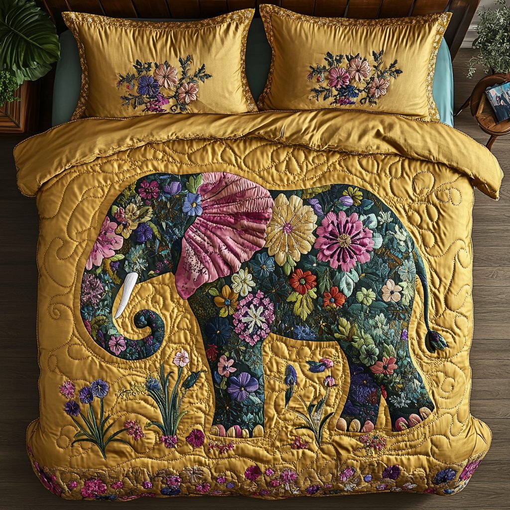 Wise Wanderer quilted 3-piece bedding set on a made bed with two matching pillow shams