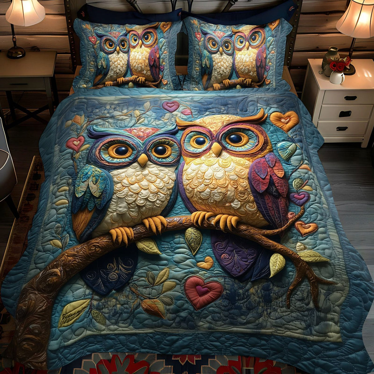 Wisely in Love quilted 3-piece bedding set on a made bed with two matching pillow shams