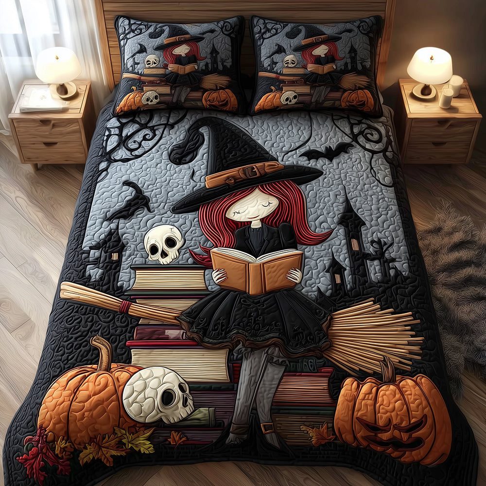 Witch Academia quilted 3-piece bedding set on a made bed against a dark styled interior