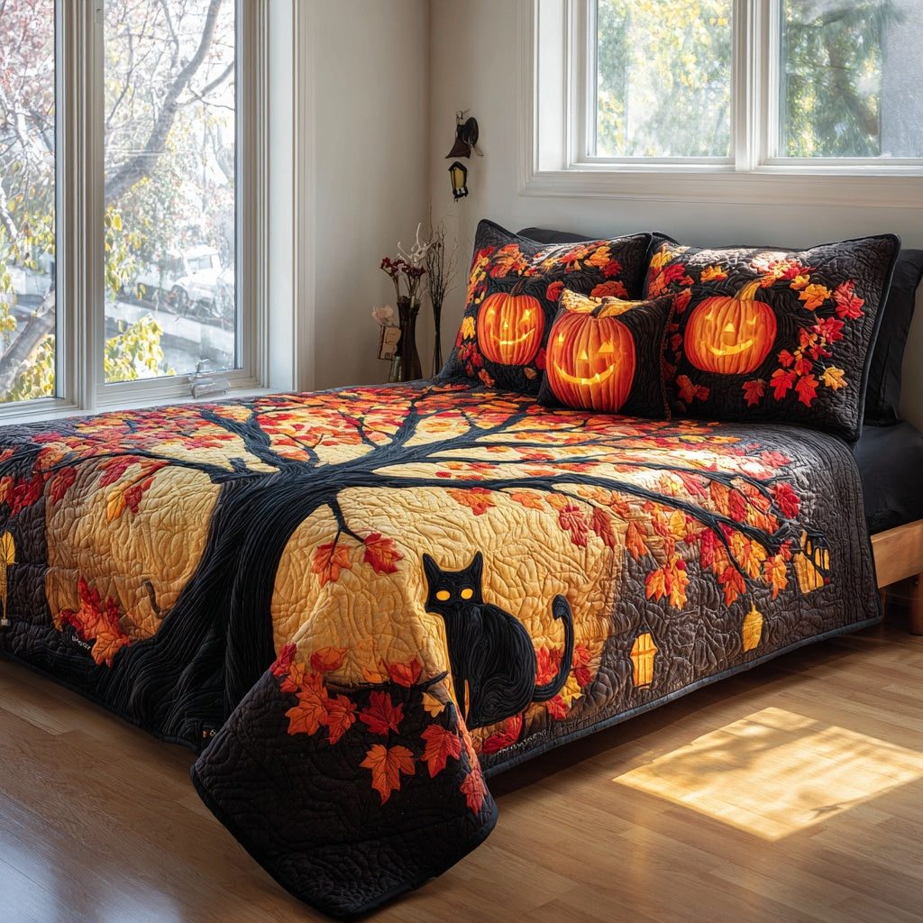 Witch Cat Night quilted 3-piece bedding set on a made bed against a dark styled interior