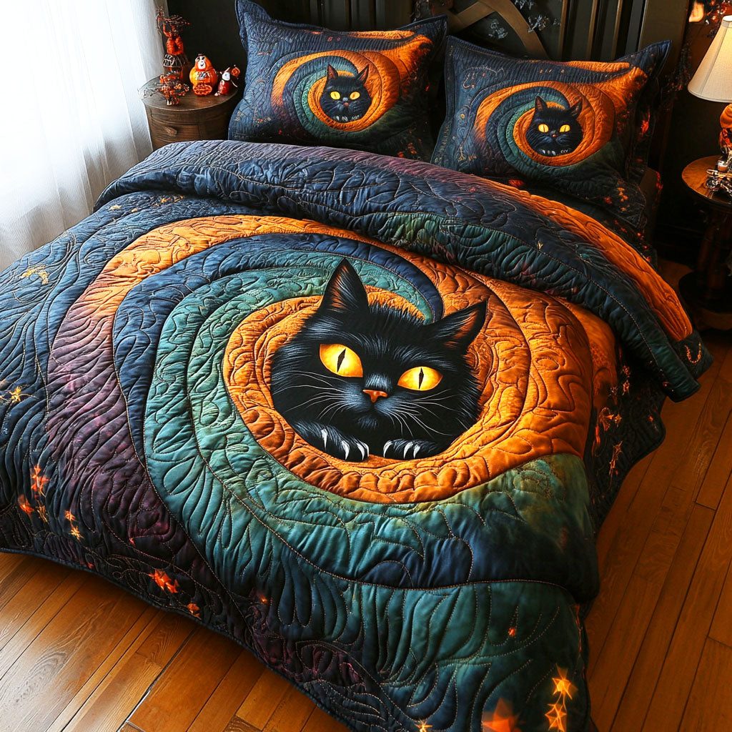 Witch Cat quilted 3-piece bedding set on a made bed against a dark styled interior