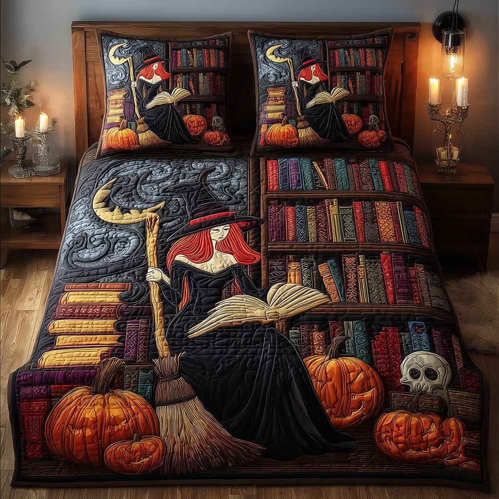 Witch Grimoire quilted 3-piece bedding set on a made bed against a dark styled interior