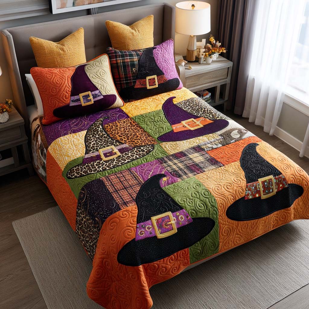Witch Hats quilted 3-piece bedding set on a made bed against a dark styled interior
