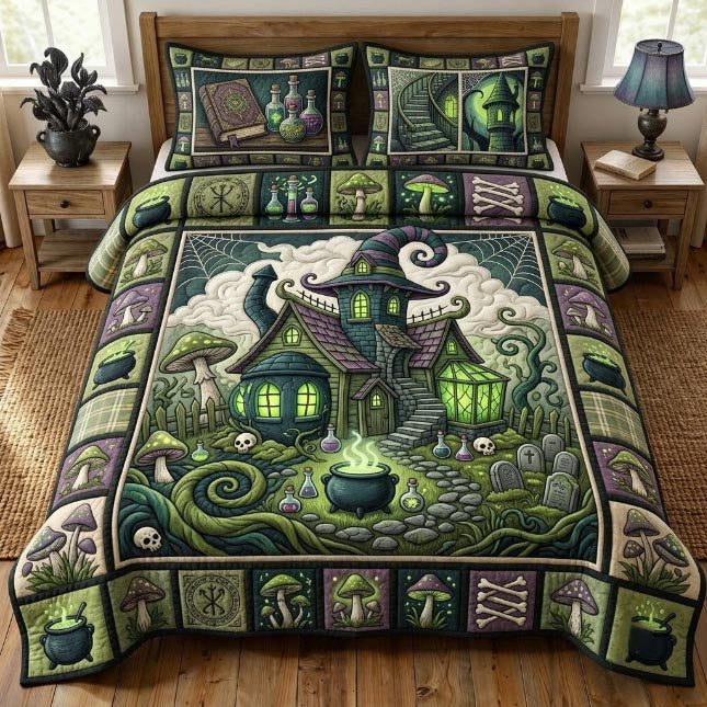 Witch Hollow quilted 3-piece bedding set on a made bed against a dark styled interior