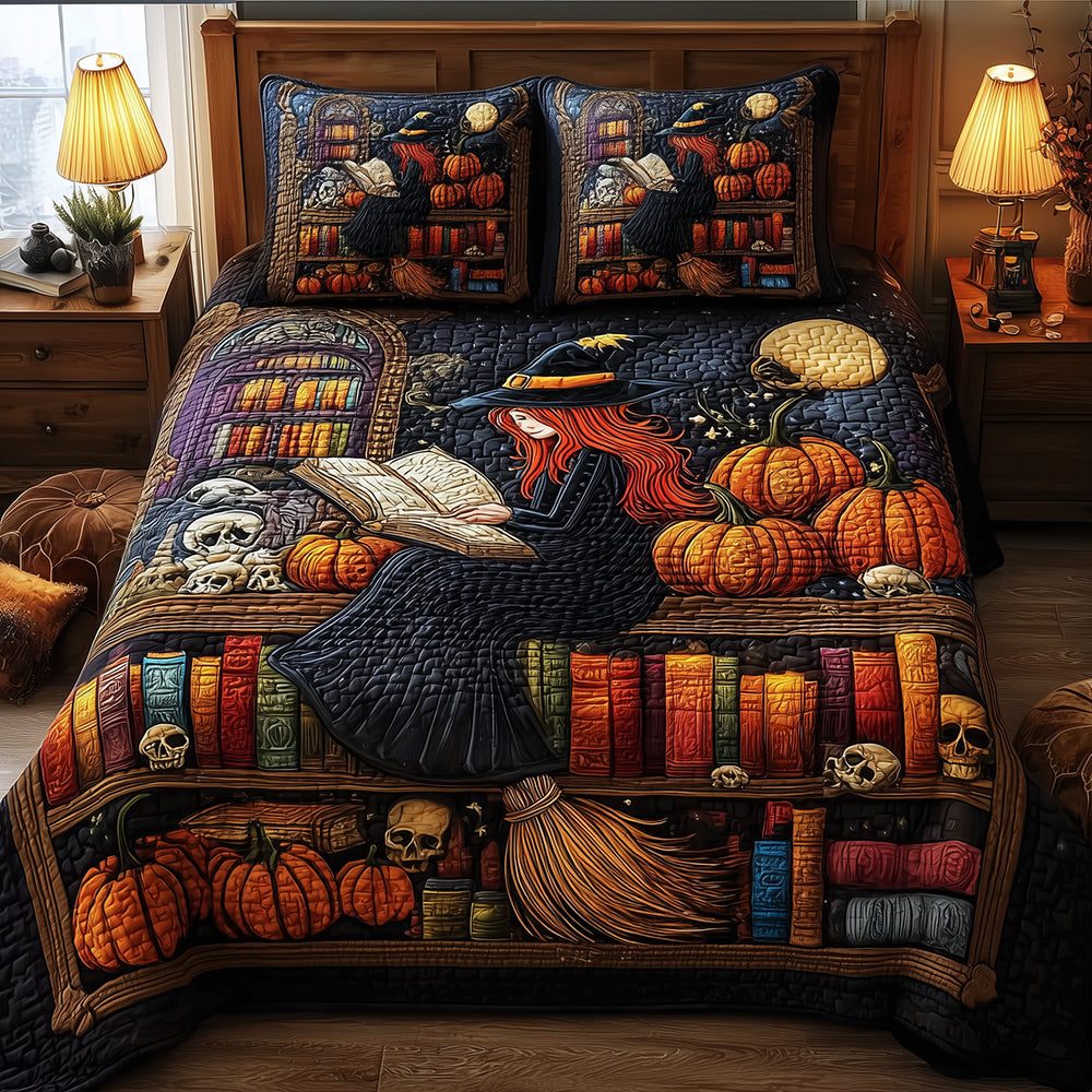 Witch Library quilted 3-piece bedding set on a made bed against a dark styled interior