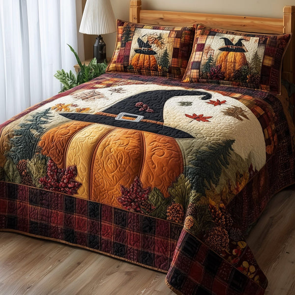 Witch Pumpkin quilted 3-piece bedding set on a made bed against a dark styled interior