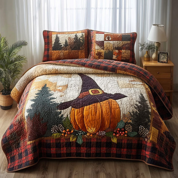 Witch Pumpkin quilted 3-piece bedding set on a made bed against a dark styled interior