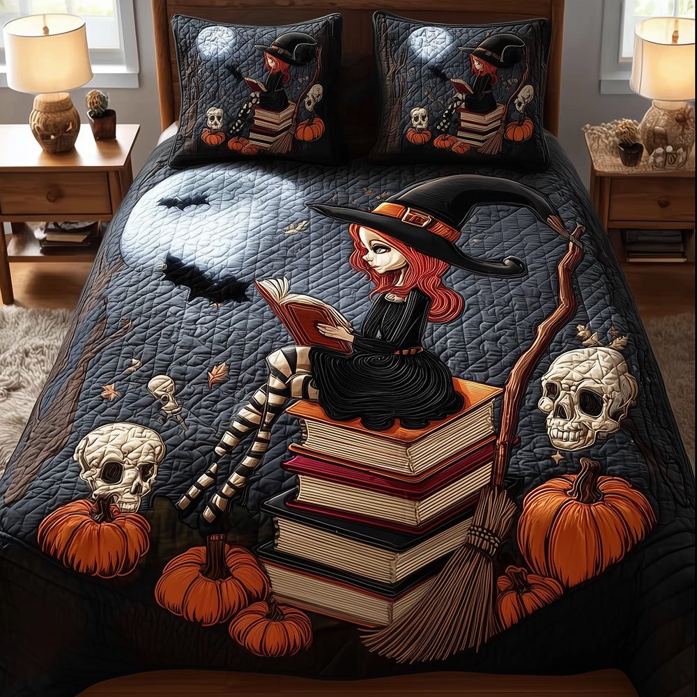 Witch Spellbook quilted 3-piece bedding set on a made bed against a dark styled interior
