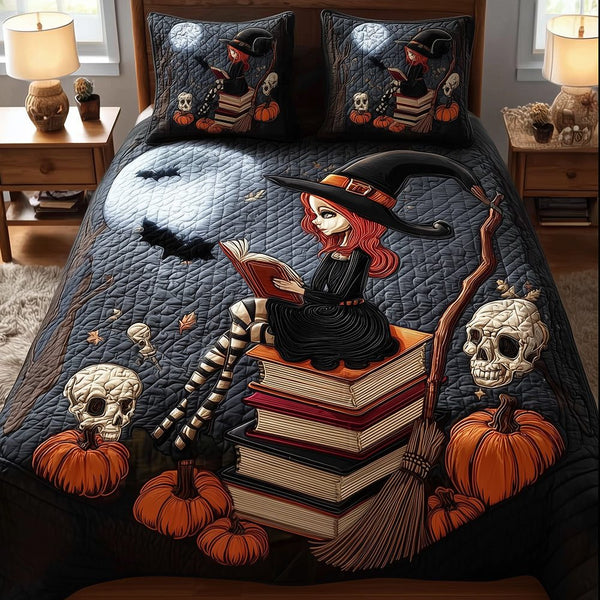 Witch Spellbook quilted 3-piece bedding set on a made bed against a dark styled interior