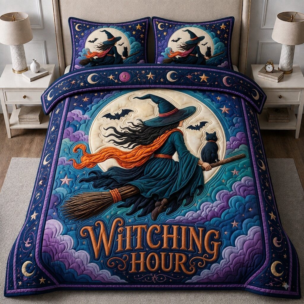 Witch Spellbound quilted 3-piece bedding set on a made bed against a dark styled interior