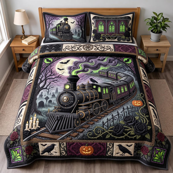 Witch Train quilted 3-piece bedding set on a made bed against a dark styled interior