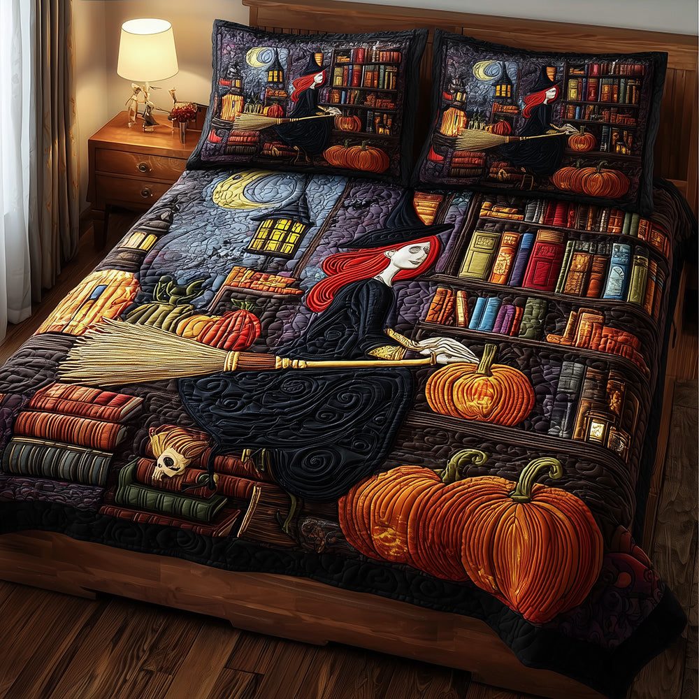 Witch Wisdom quilted 3-piece bedding set on a made bed against a dark styled interior