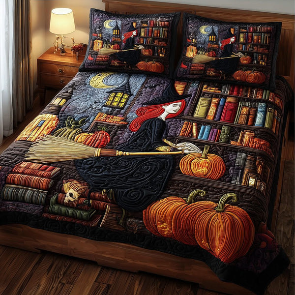 Witch Wisdom quilted 3-piece bedding set on a made bed against a dark styled interior