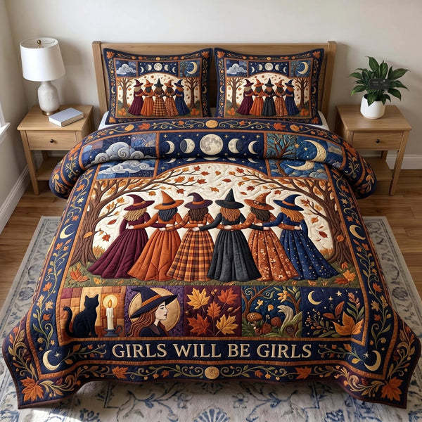 Witches Coven quilted 3-piece bedding set on a made bed against a dark styled interior