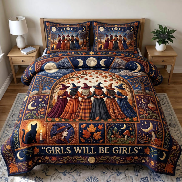 Witches Coven quilted 3-piece bedding set on a made bed against a dark styled interior