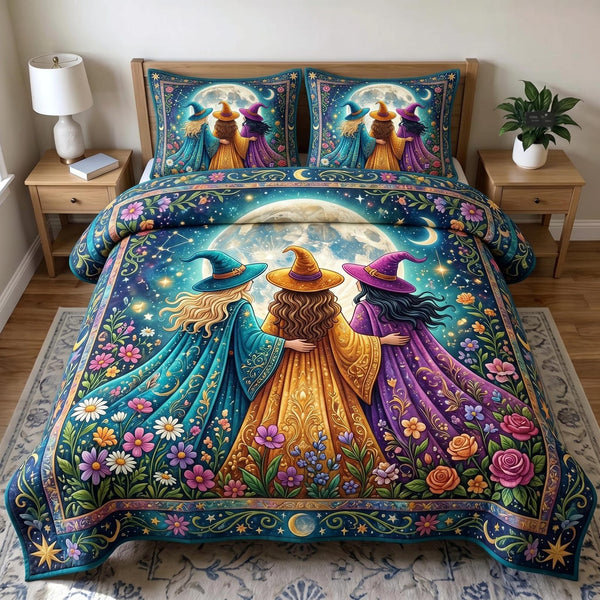 Witches Coven quilted 3-piece bedding set on a made bed against a dark styled interior