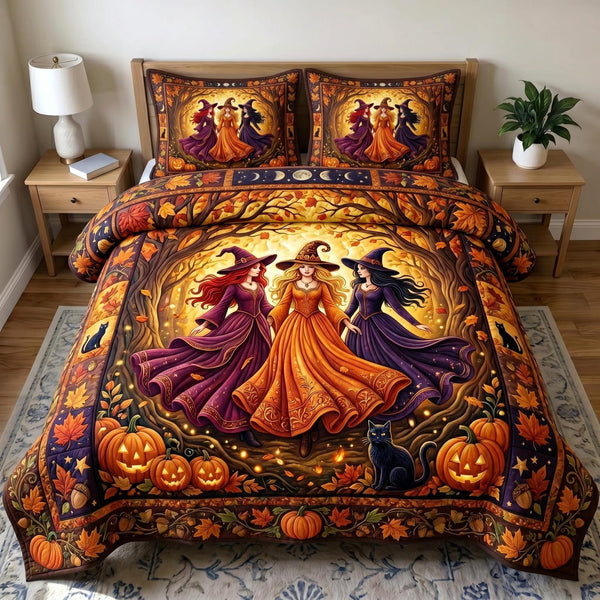 Witches Coven quilted 3-piece bedding set on a made bed against a dark styled interior