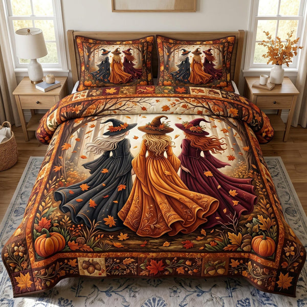 Witches Coven quilted 3-piece bedding set on a made bed against a dark styled interior