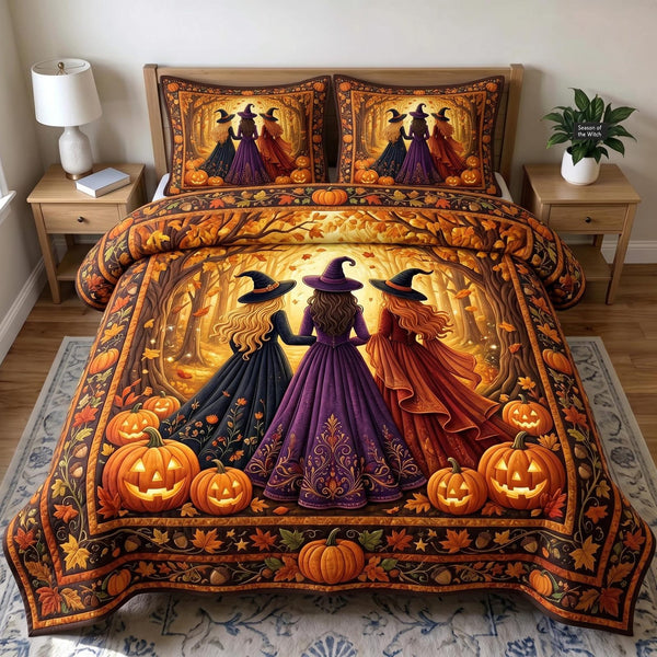 Witches Coven quilted 3-piece bedding set on a made bed against a dark styled interior