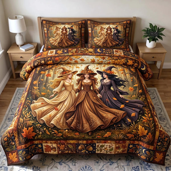 Witches Coven quilted 3-piece bedding set on a made bed against a dark styled interior