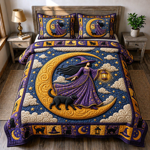 Witches Coven quilted 3-piece bedding set on a made bed against a dark styled interior