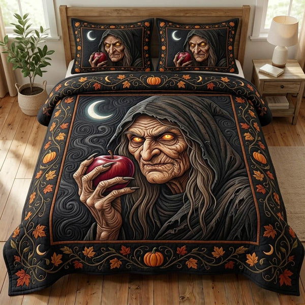 Witches Coven quilted 3-piece bedding set on a made bed against a dark styled interior