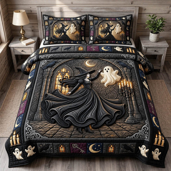Witches Coven quilted 3-piece bedding set on a made bed against a dark styled interior