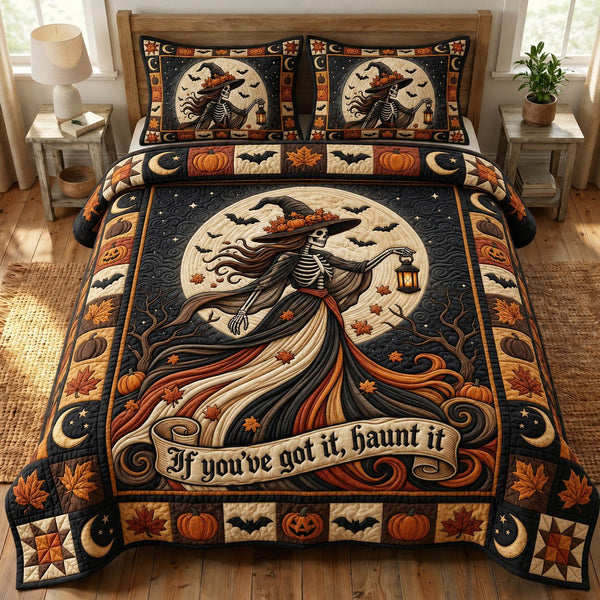 Witches Coven quilted 3-piece bedding set on a made bed against a dark styled interior