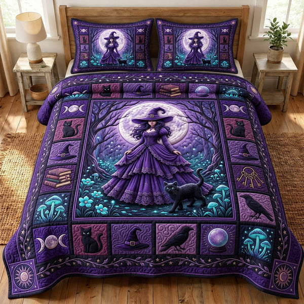 Witches Coven quilted 3-piece bedding set on a made bed against a dark styled interior