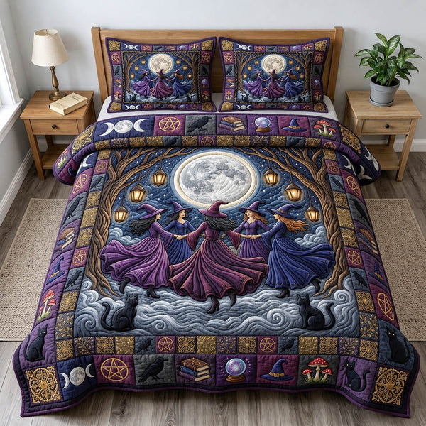Witches Coven quilted 3-piece bedding set on a made bed against a dark styled interior
