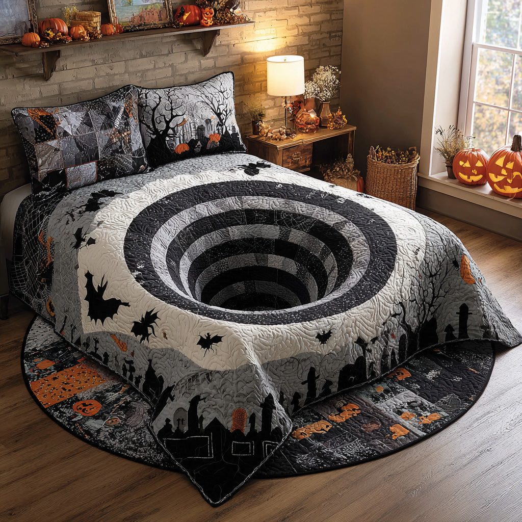 Witching Hour Maze quilted 3-piece bedding set on a made bed against a dark styled interior