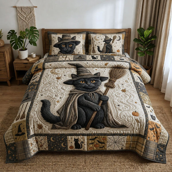 Witchy Black Cat quilted 3-piece bedding set on a made bed against a dark styled interior