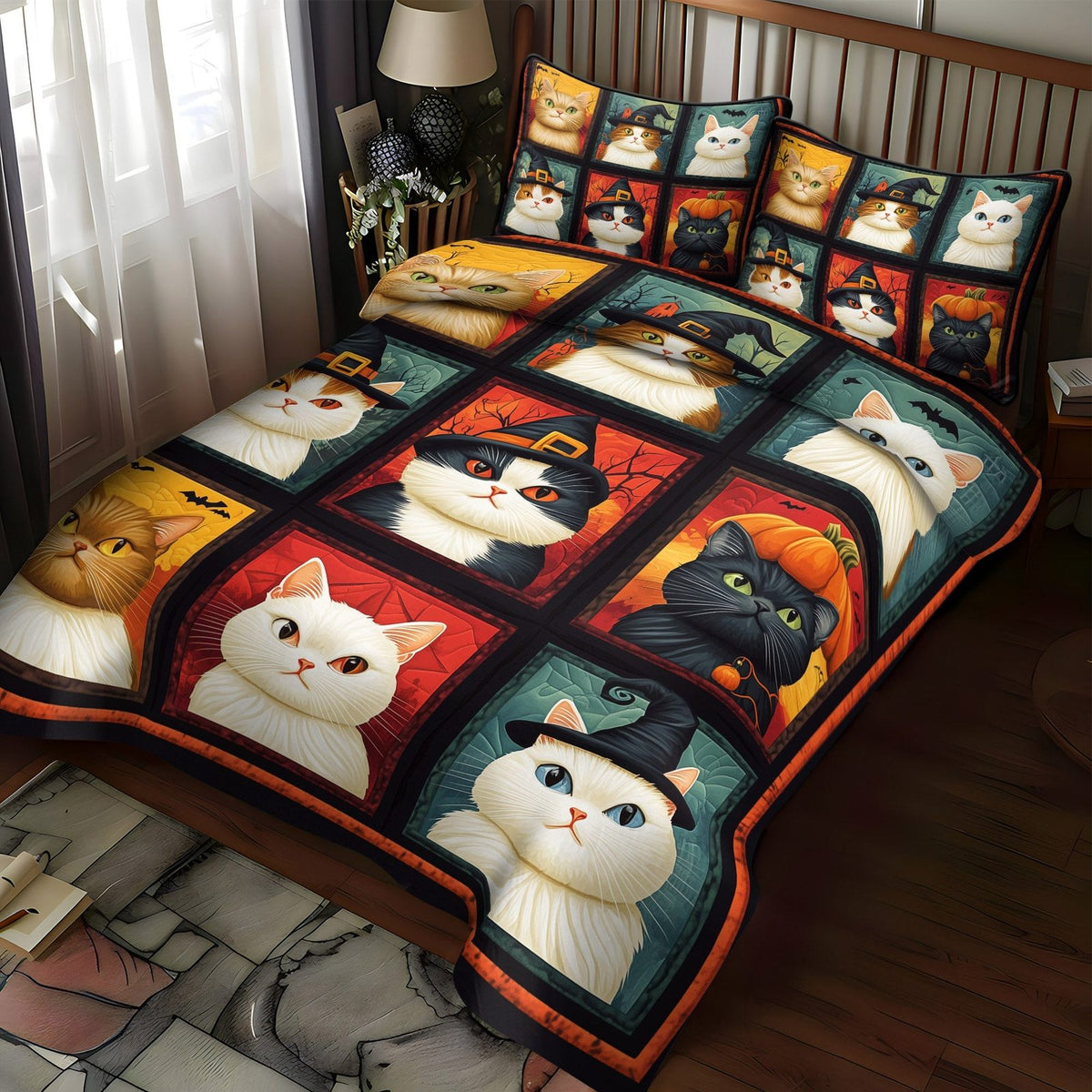 Witchy Cat quilted 3-piece bedding set on a made bed against a dark styled interior