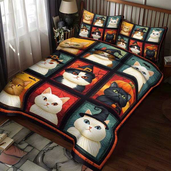 Witchy Cat quilted 3-piece bedding set on a made bed against a dark styled interior