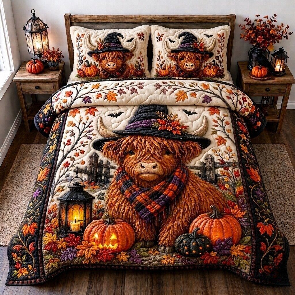 Witchy Cow quilted 3-piece bedding set on a made bed against a dark styled interior