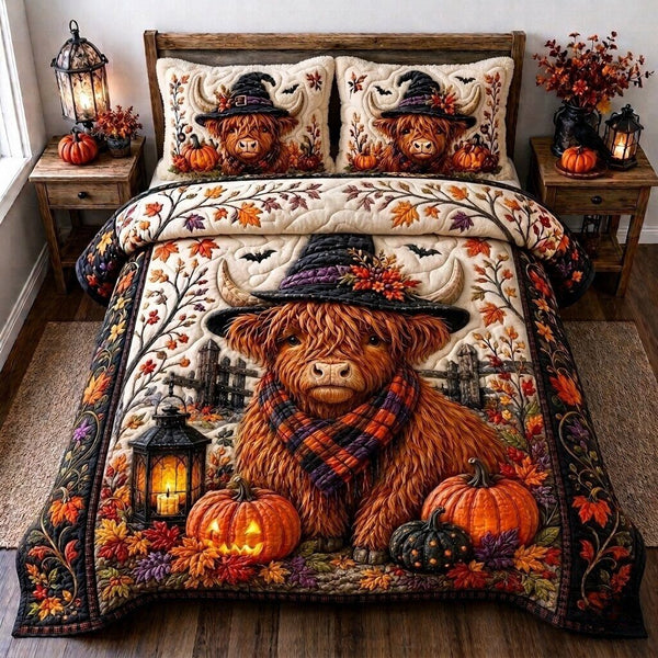 Witchy Cow quilted 3-piece bedding set on a made bed against a dark styled interior