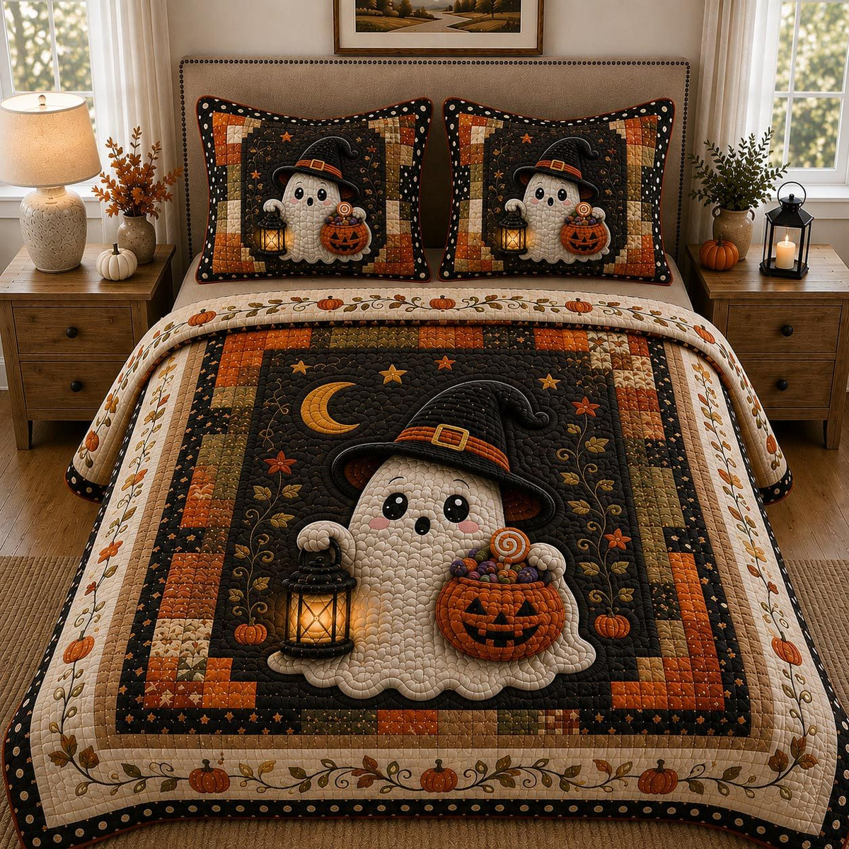 Witchy Ghost quilted 3-piece bedding set on a made bed against a dark styled interior