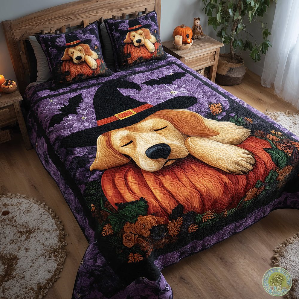 Witchy Golden Retriever quilted 3-piece bedding set on a made bed against a dark styled interior