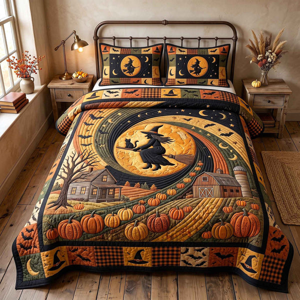 Witchy Homestead quilted 3-piece bedding set on a made bed against a dark styled interior