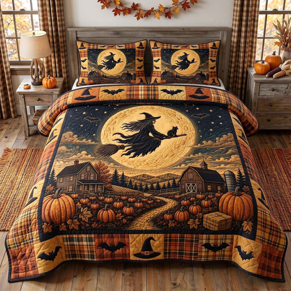 Witchy Homestead quilted 3-piece bedding set on a made bed against a dark styled interior