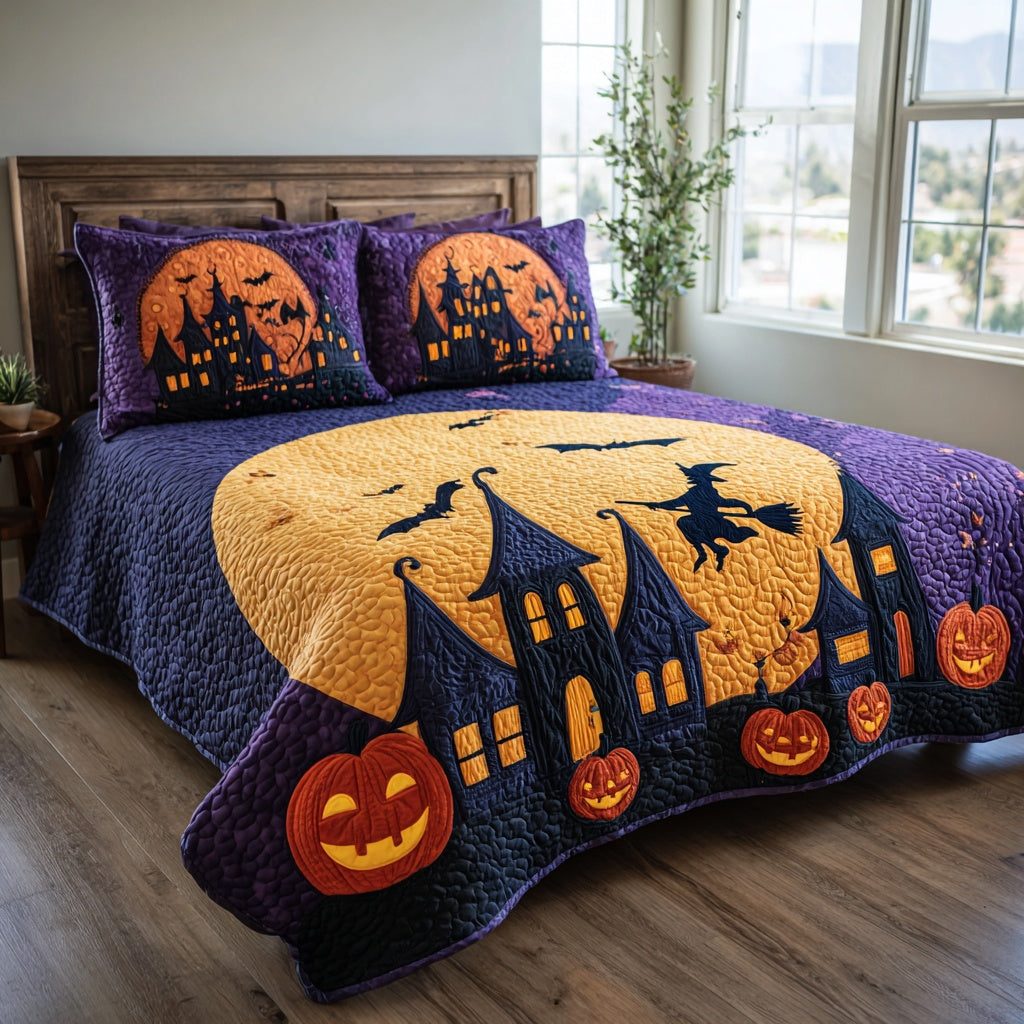 Witchy Moon Night quilted 3-piece bedding set on a made bed against a dark styled interior