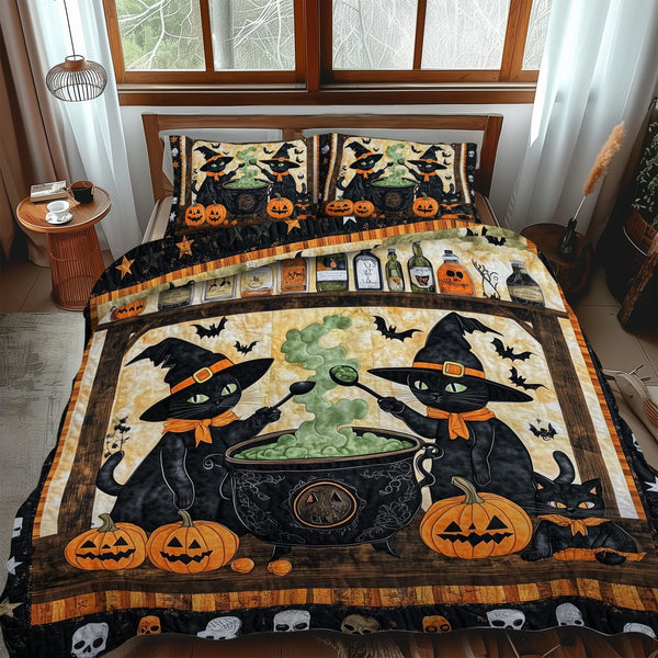 Witchy Paws quilted 3-piece bedding set on a made bed against a dark styled interior