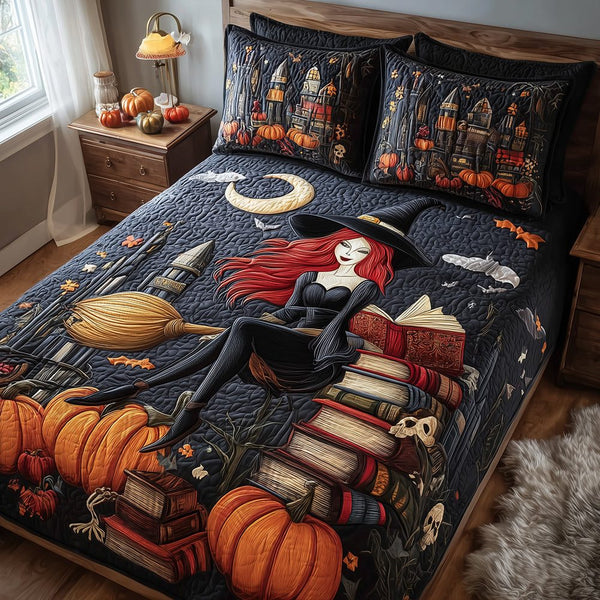 Witchy Stories quilted 3-piece bedding set on a made bed against a dark styled interior
