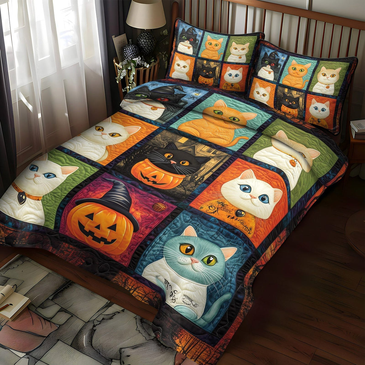 Witchy Whiskers quilted 3-piece bedding set on a made bed against a dark styled interior